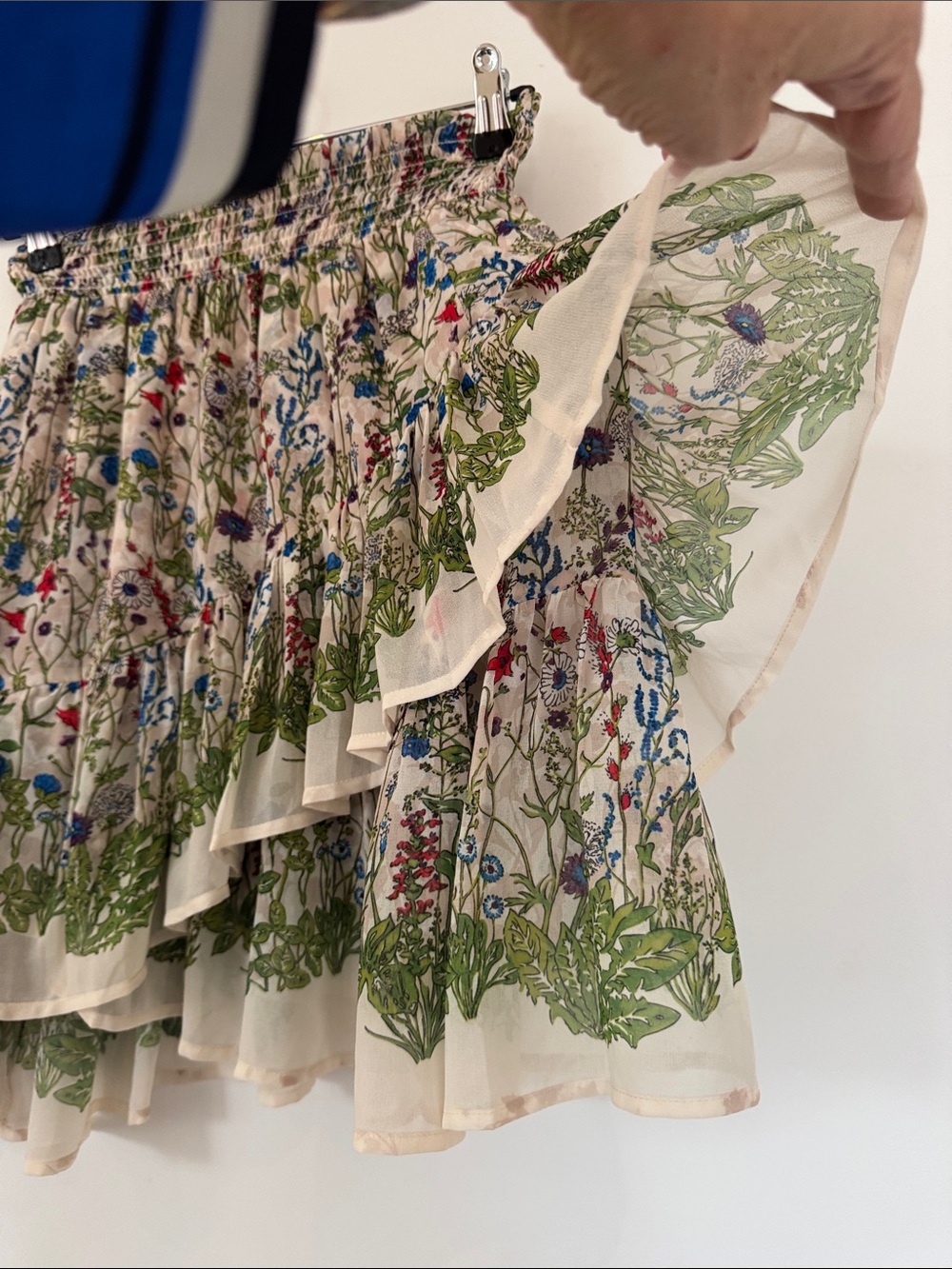 Maje Cream Asymmetrical Floral Tiered Skirt with Green & Blue Print - Picture 3 of 7